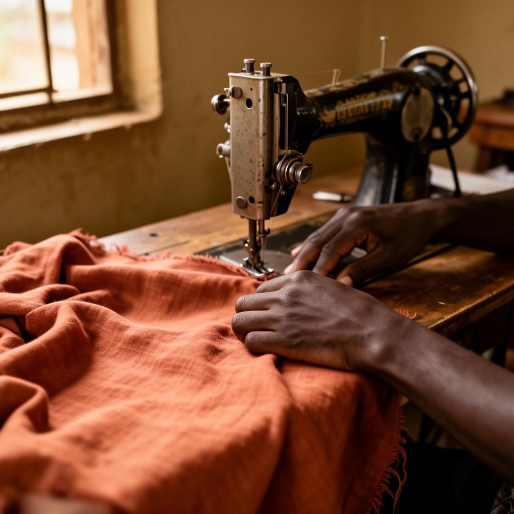 Tailor's hands working terracotta linen at the CACTUS atelier in Kampala