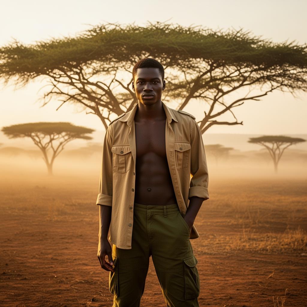 Model in cargo trousers in Karamoja plains